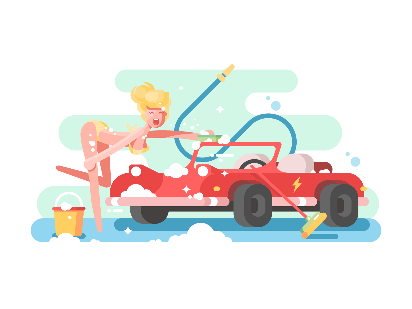 Sexy girl washing a car flat vector illustration
