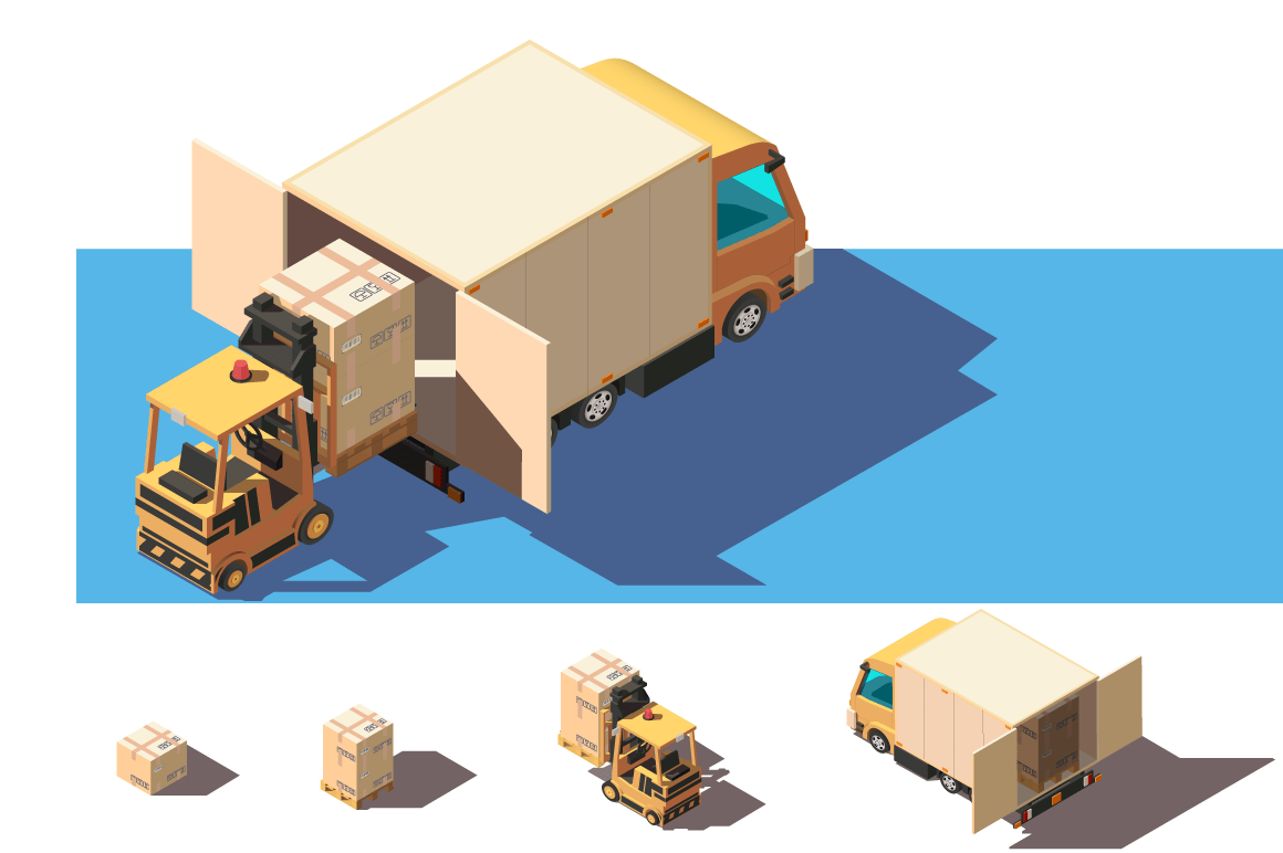 Isometric 3d set shipment truck with forklift and box for delivery moving.