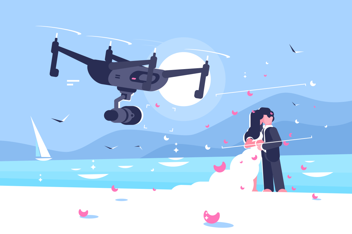 Shooting drone over wedding flat poster. Flying quadcopter shoots on camera celebration of marriage of newlyweds couple on seaside vector illustration. Modern technologies concept