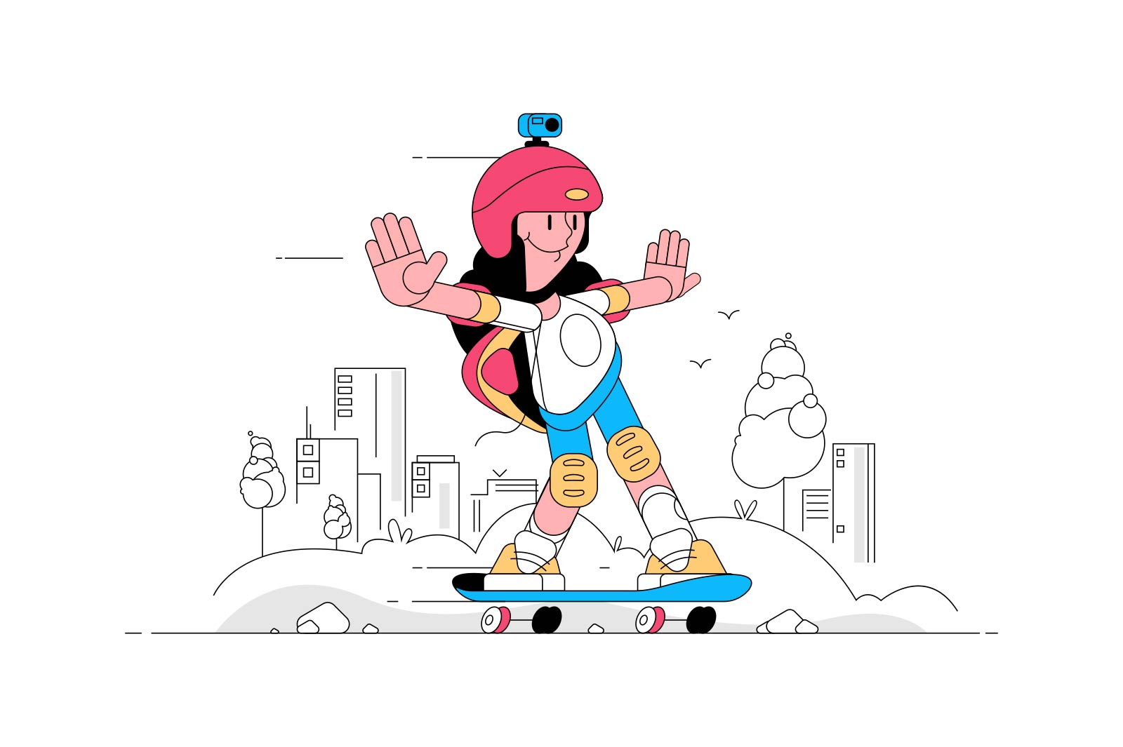 Teen on skate vector illustration. Happy teenager having fun on skateboard flat style. Camera on head. Girl wearing protective equipment. Hobby and active lifestyle concept. Isolated on white background