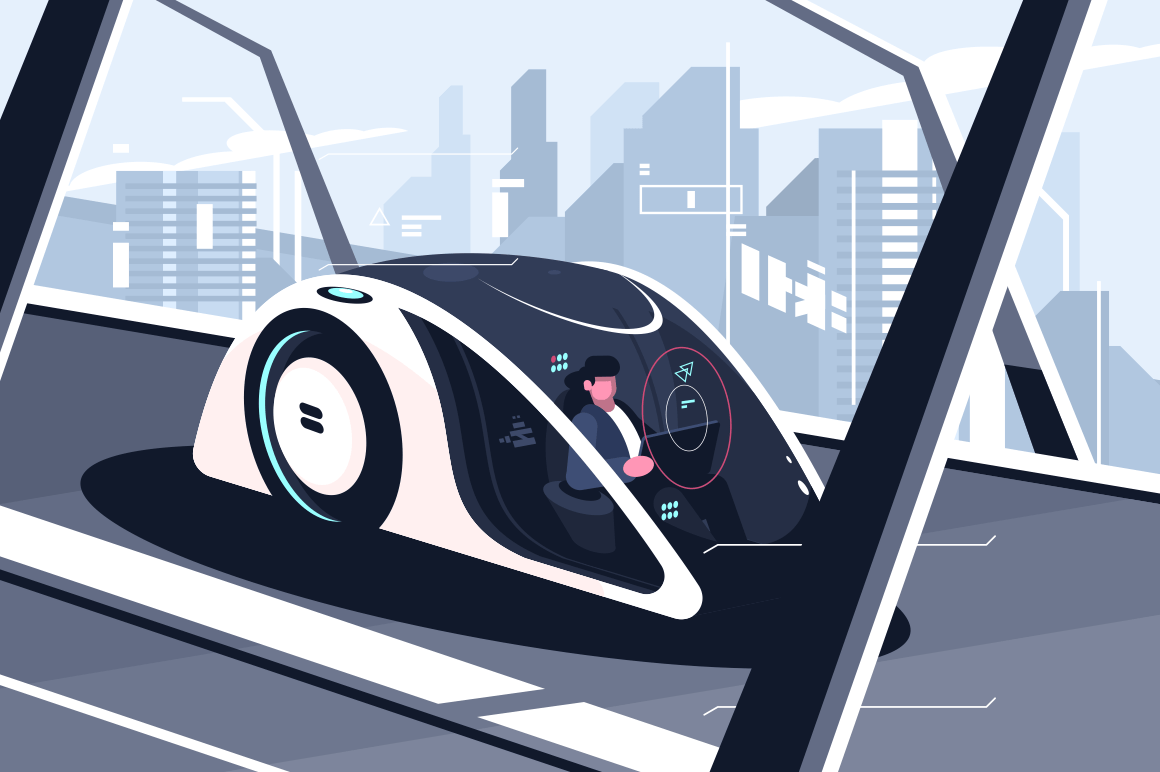 Relaxed man driving by smart car vector illustration. Autonomous vehicle self driving car equipped sensing and wireless communication flat style. Future technologies concept. Cityscape on background