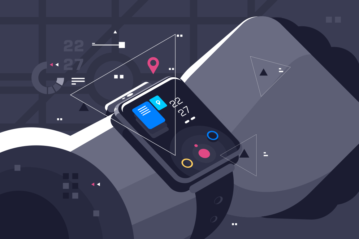 Modern smart watch on male hand. Device display with different functions and apps icons flat style concept vector illustration. Electronic intelligence wristwatch