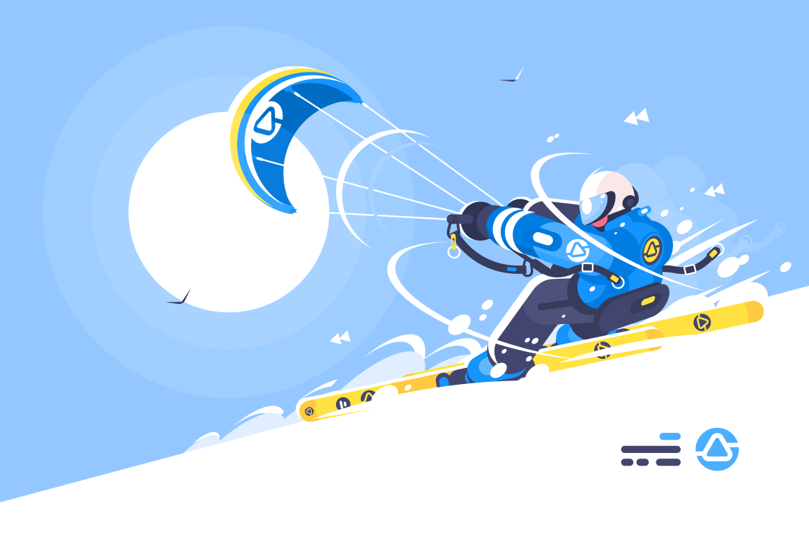 Sporty boy snowkiter on alpine skiing vector illustration. Snowkiting or Kite Skiing flat style concept. Extreme Winter Sports. Blue sky and bright sun on background