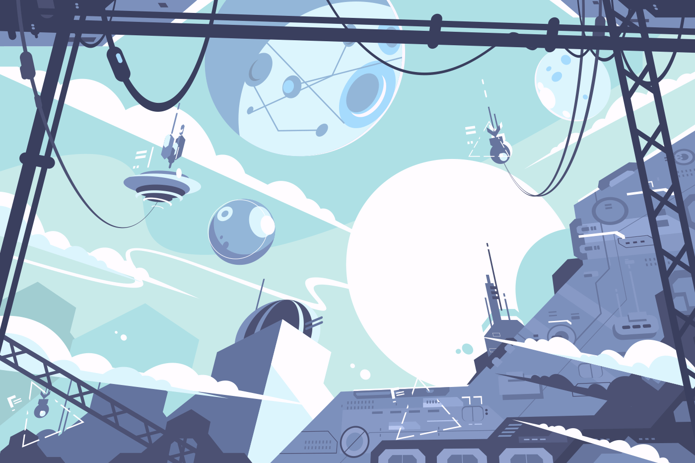 Space colony with rockets and stations in zero gravity. Vector illustration