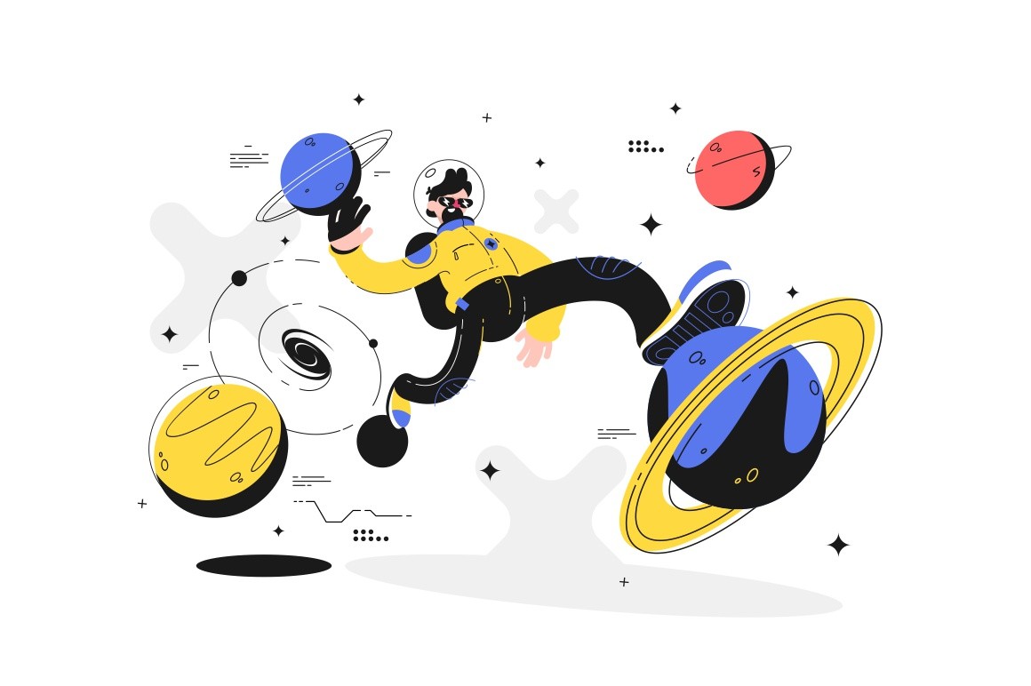 Astronaut space walking vector illustration. Man in spacesuit going in cosmos outside spacecraft among planets flat style design. Spacewalking concept