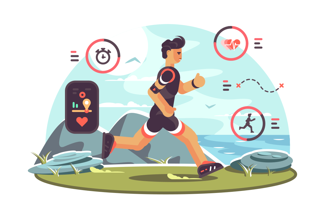 Sports apps for fitness. Man runners getting health information and other data using wearable technology fitness tracker. Heartbeat distance location pulse icons flat style concept vector illustration