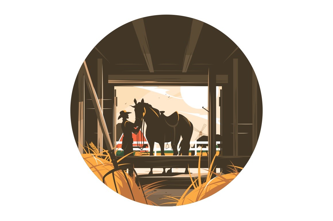 Farm stable with horse vector illustration. Cowboy with hoss in farmhouse. Windmill and haystack on background flat style concept. Horse-breeding. Rural countryside