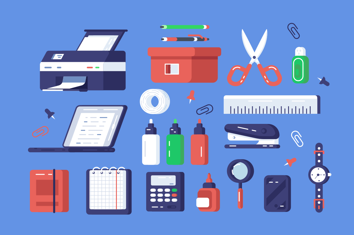 Set of various stationery vector illustration. Different chancellery tools include printer, classical watches, scissors and stapler flat style design. Office elements concept. Isolated on blue