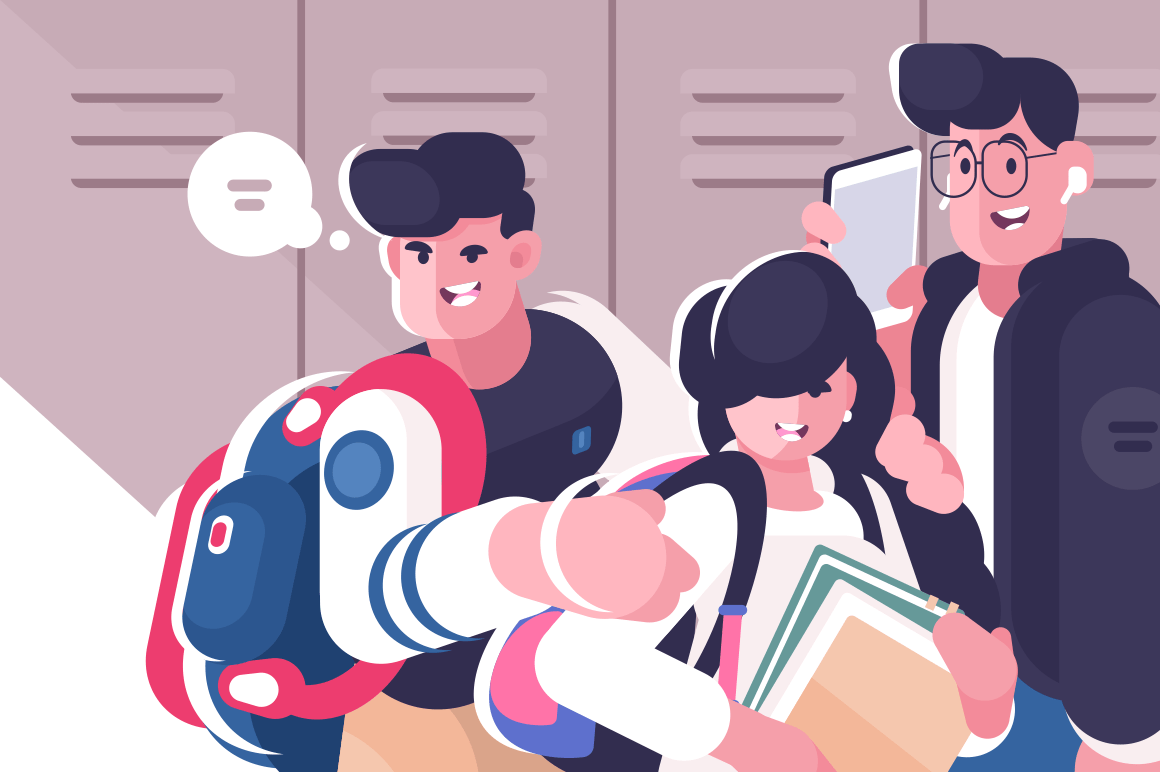 Cartoon students with books and backpacks at college hall. Smiling boys and girl with speech bubble standing near metal lockers flat style concept vector illustration