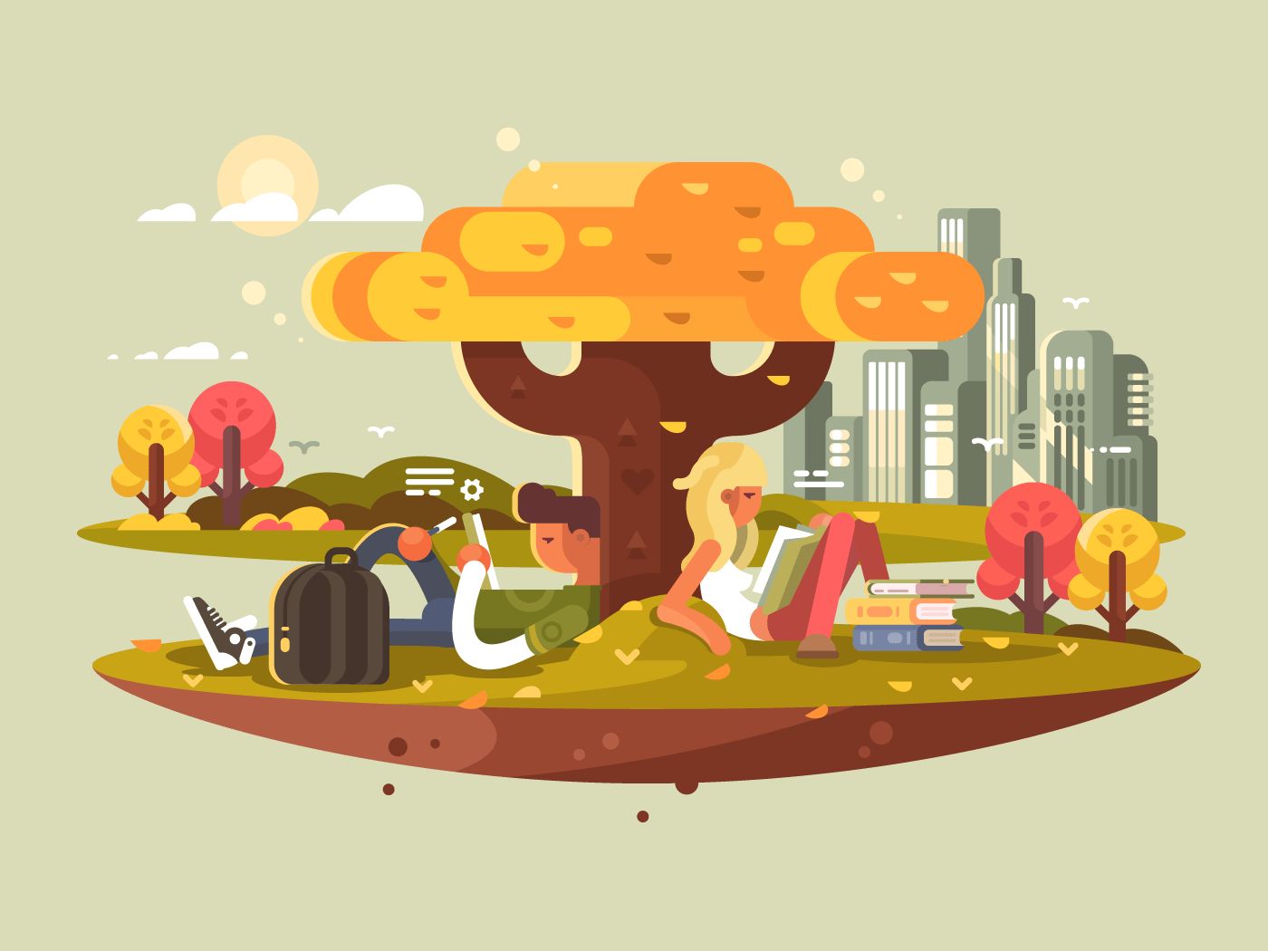 Students studying in park flat vector illustration