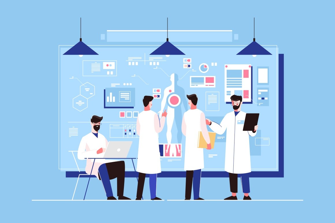 Researchers study of genetics in laboratory vector illustration. Men doctors discussing human organs on board, scientific working with laptop. People professionals researching healthy