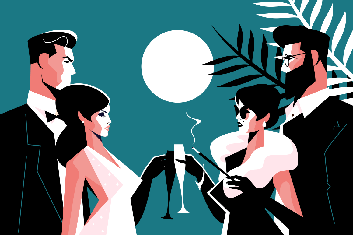Stylish forties concept party vector illustration. Fashion man and woman in stylish clothes with glasses of champagne having fun time together flat style concept