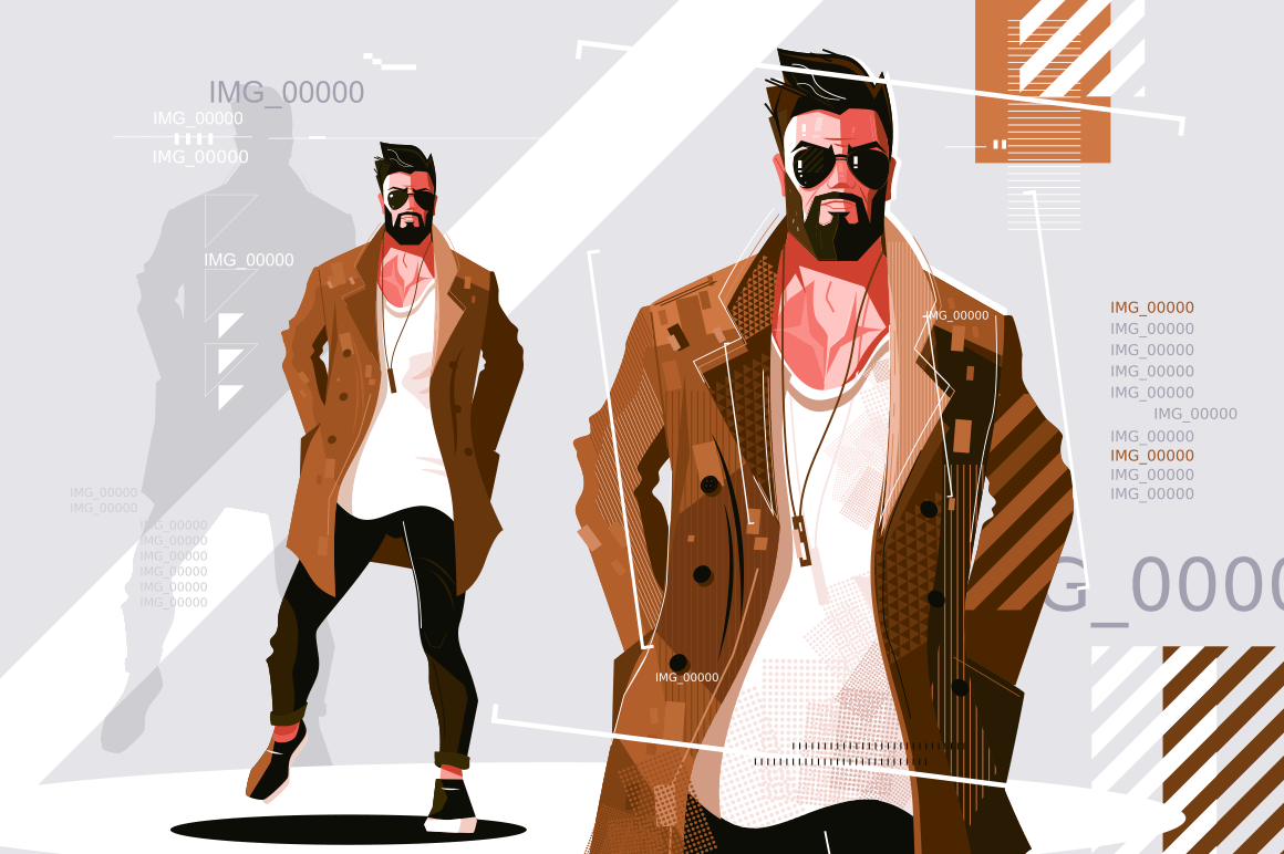 Stylish guy in coat vector illustration. Bearded fashionable man in dark sunglasses and trendy casual clothes flat style design. Fashion model concept