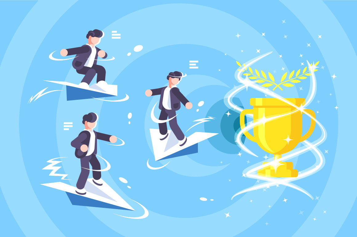 Happy men flying high on paper airplane vector illustration. Businessman is anxious for success and reward gold cup flat style. Business leadership and teamwork concept