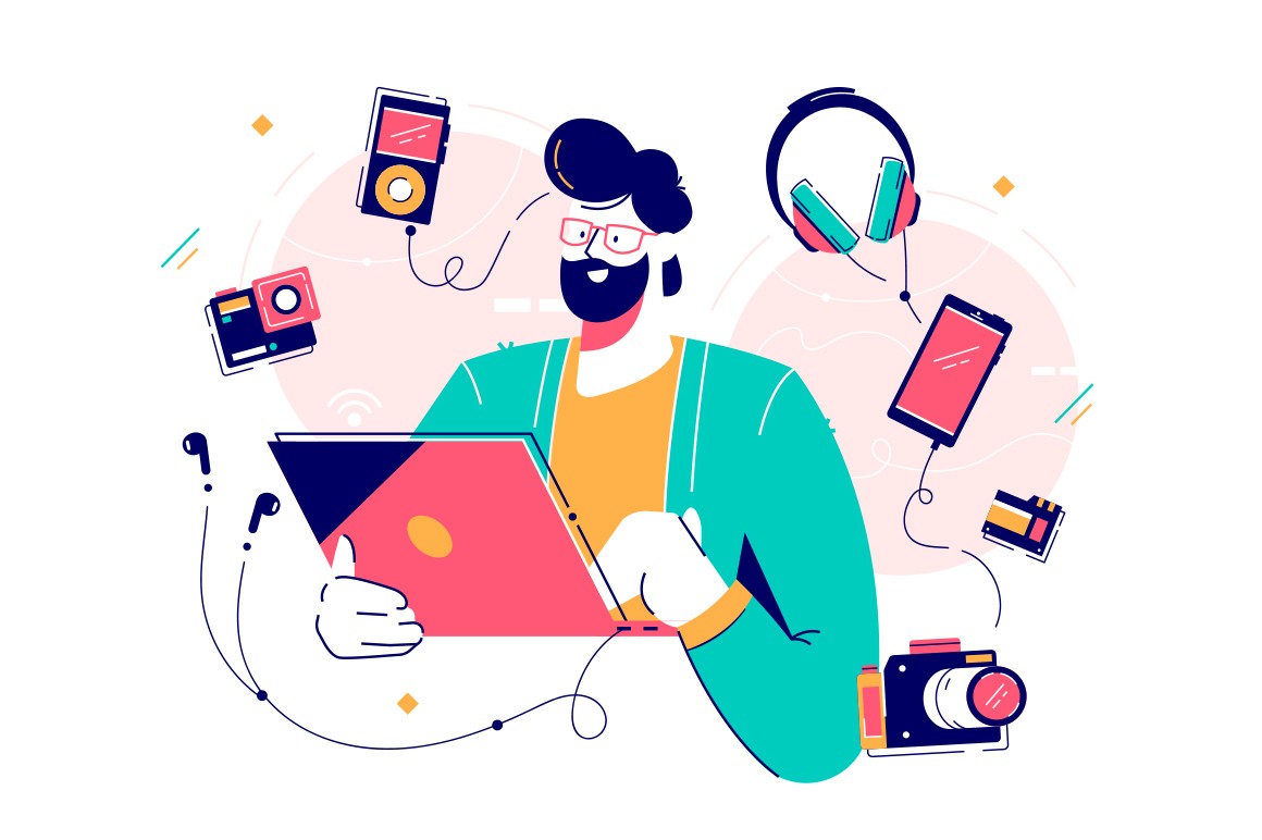 Male character surrounded with gadgets flat design concept