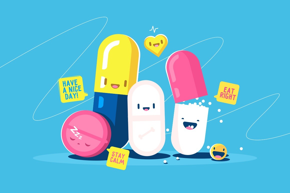 Funny tablets characters vector illustration. Pills, capsules with faces and speech bubbles have nice day, stay calm and eat right text flat style design. Healthcare and medicine treatment concept