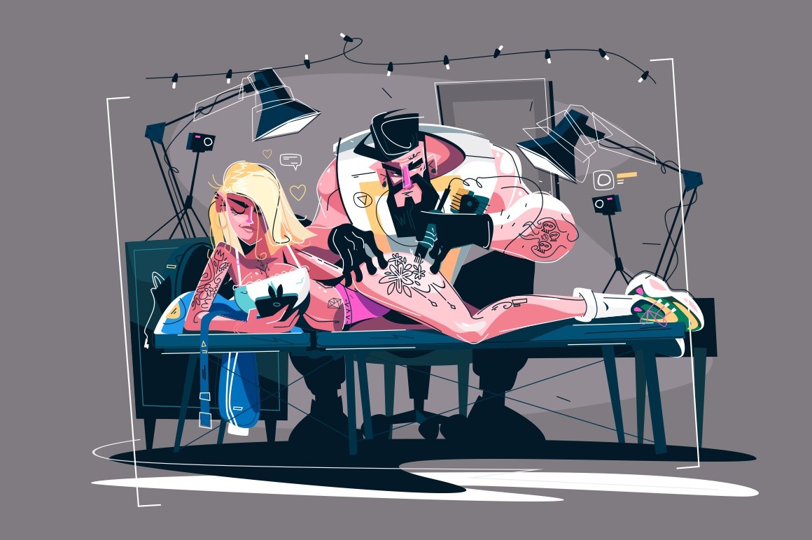 Tattoo master in parlor vector illustration. Guy making fashionable tattooing on girl leg. Blonde lying on couch and surfing internet on smartphone flat style design. Skin art concept