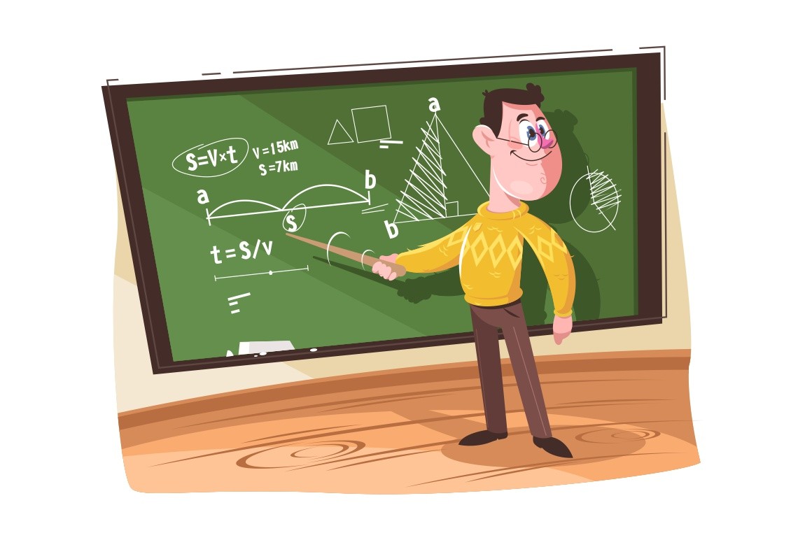 Maths teacher pointing at different formulas vector illustration. Professor teaching and explaining information on chalkboard cartoon design. Education concept. Isolated on white