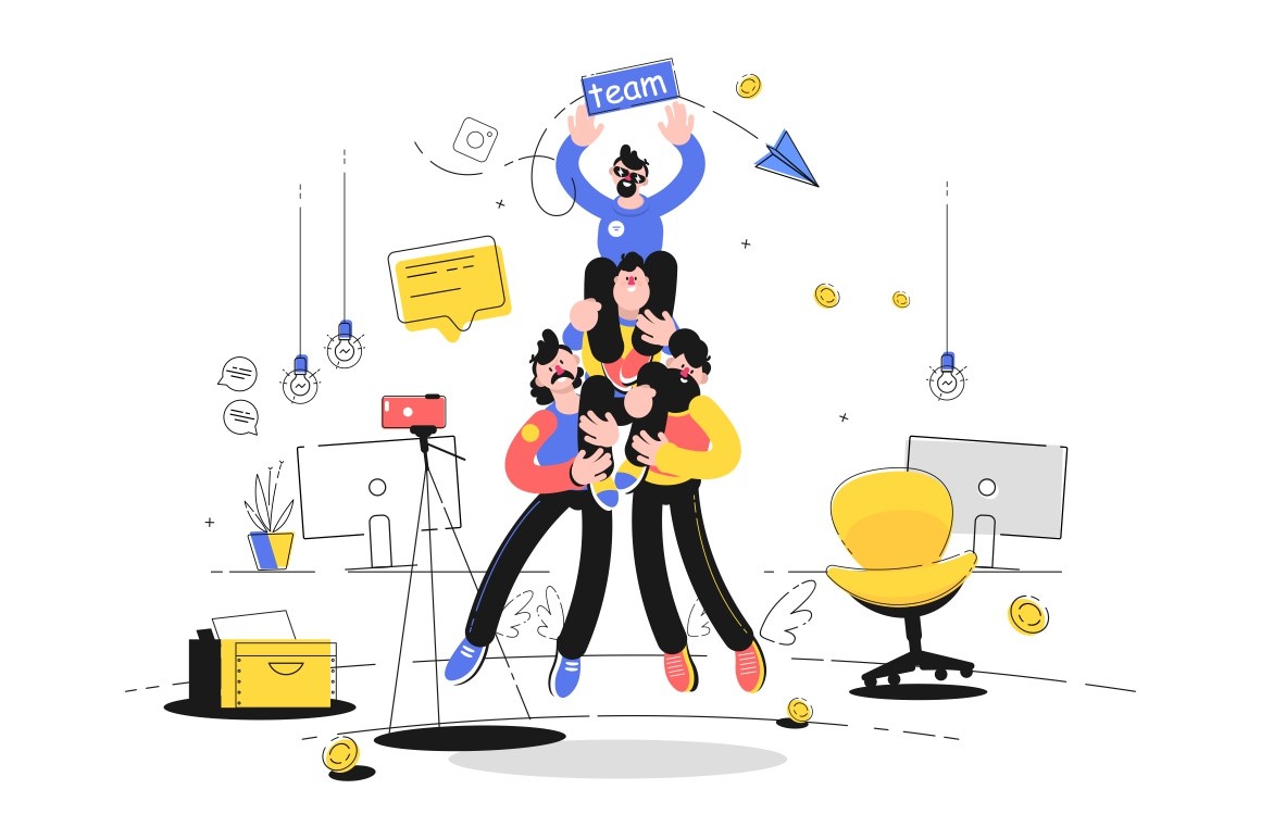 Friendly team support vector illustration. Cheerful guys supporting colleague together. Co-workers making staircase of people in office flat style design. Teamwork and teambuilding concept