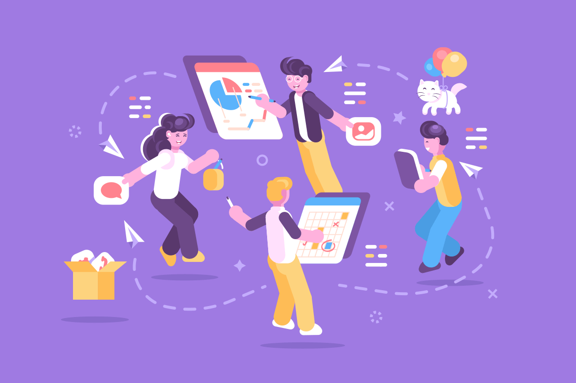 Cheerful people working together on one task vector illustration. Brainstorming and business composition concept. Team working of smart people on purple background