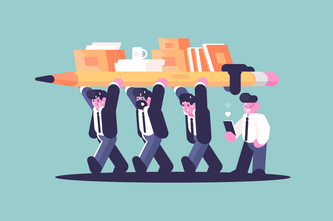 Business partnership team building work flat style concept vector illustration. Cartoon creative businessmen holding pencil and office documents together