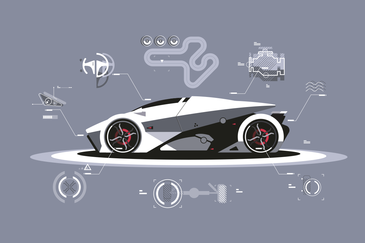 Modern car technology vector illustration. Sport automobile with latest and best specifications flat style concept. Footnotes on details and parts of vehicle