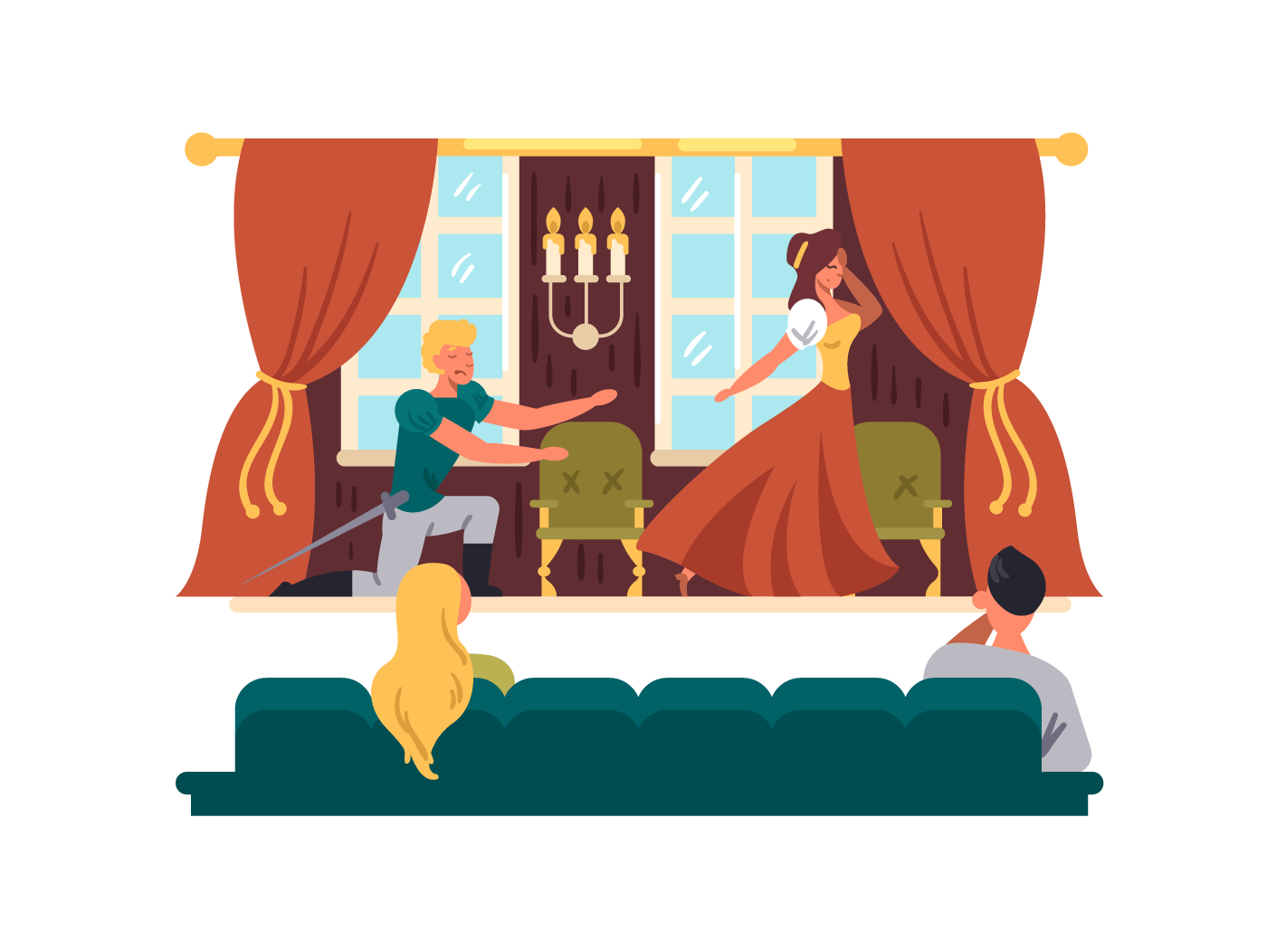 Theatrical performance on stage. Actors play drama in theater. Vector illustration
