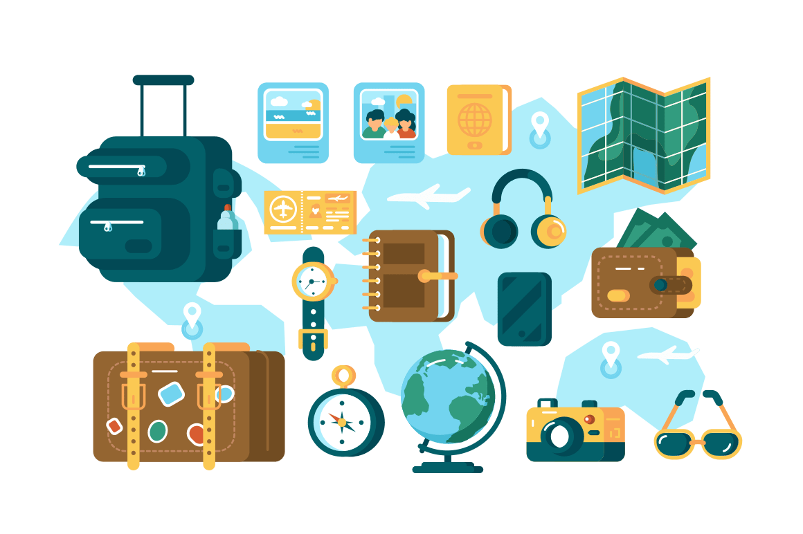 Set of different tourist supplies vector illustration. Various trip tools for joyful and happy travelling globe map suitcase flying tickets wallet camera flat style design. Journey utensils concept