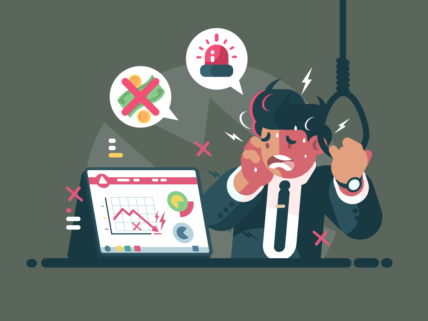 Trader in panic and anxiety. Fall of market and crisis. Vector illustration