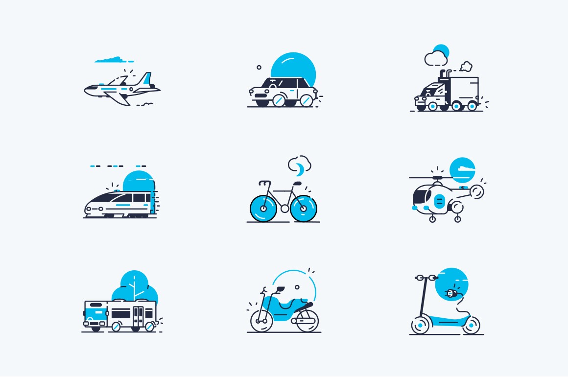 Transport line icons set vector illustration. Collection consists of airplane, car, truck, train, bicycle, bus and electric scooter flat style concept. Isolated on white