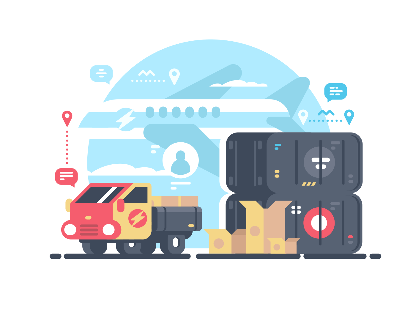 Transportation and logistics. Transport container by plane and truck. Vector illustration