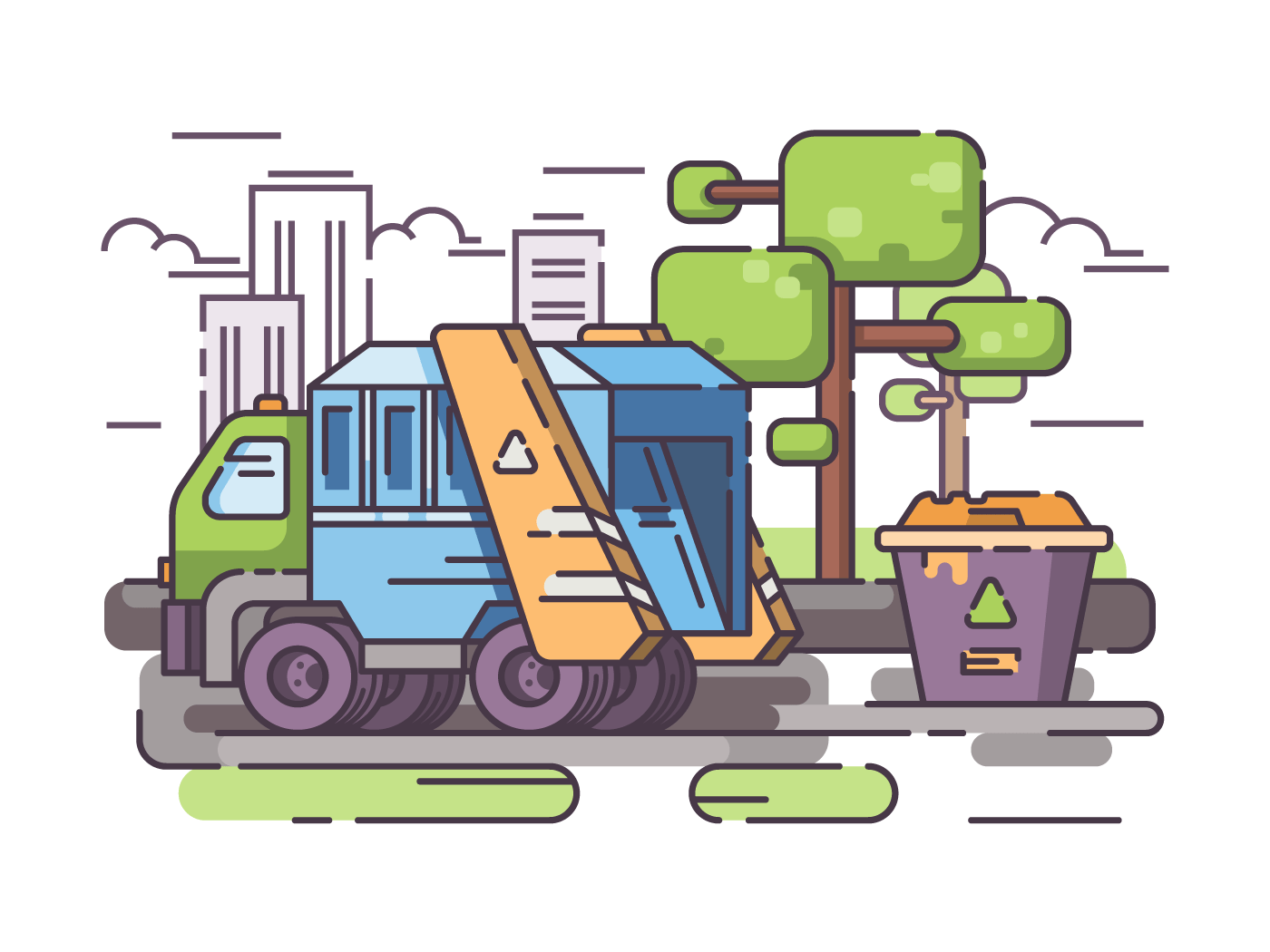 Truck garbage collect trash from container. Vector flat line illustration
