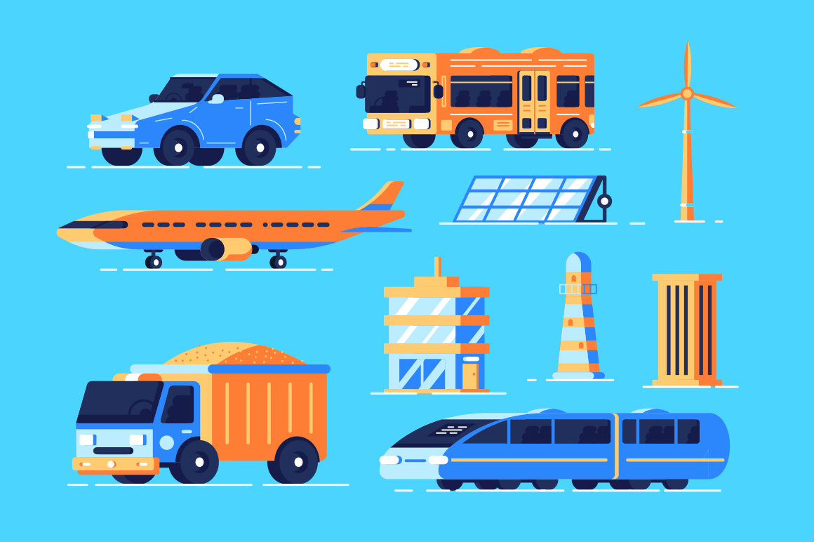 Urban transport set vector illustration. Collection consists of different kinds of transportation such as car bus air plane train flat style concept. Isolated on blue