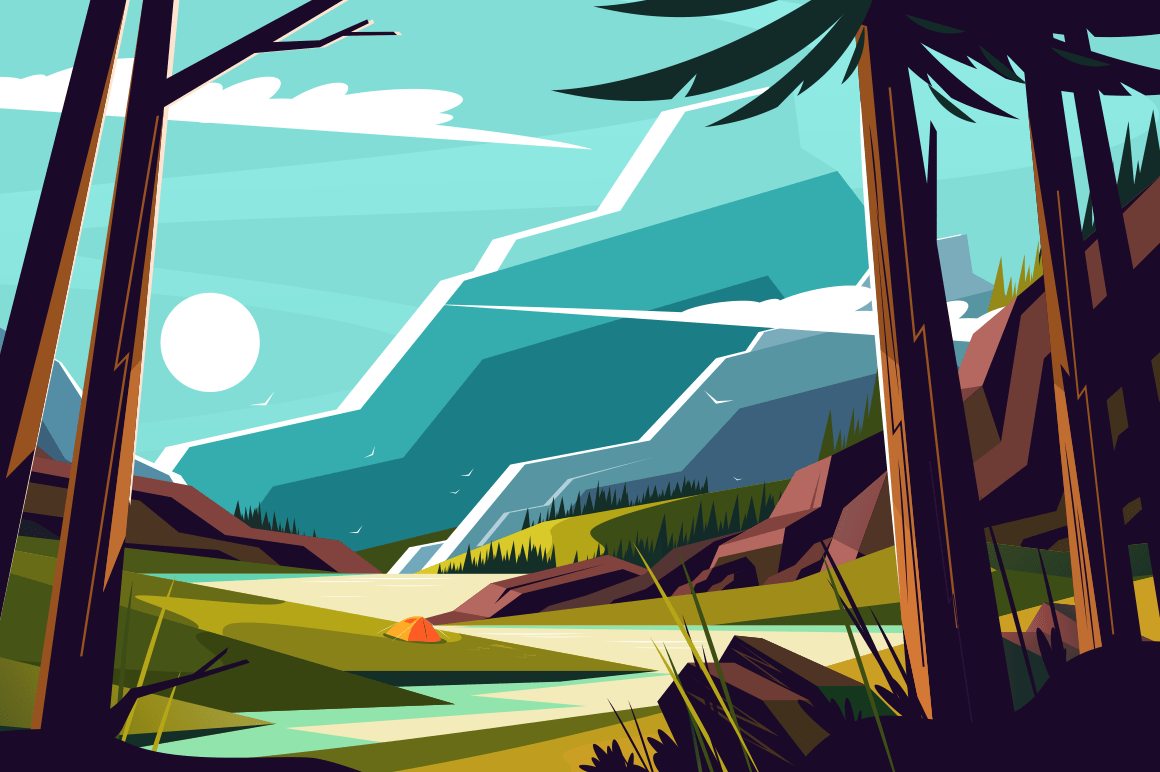 Vacation in mountains vector illustration. Picturesque landscape with nice hills beautiful river and trees flat style design. Travelling and holidays concept