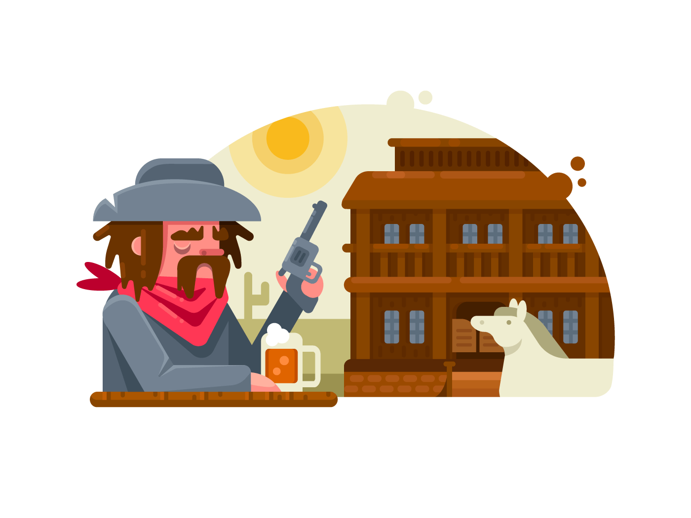 Cowboy with revolver drinks beer in pub illustration