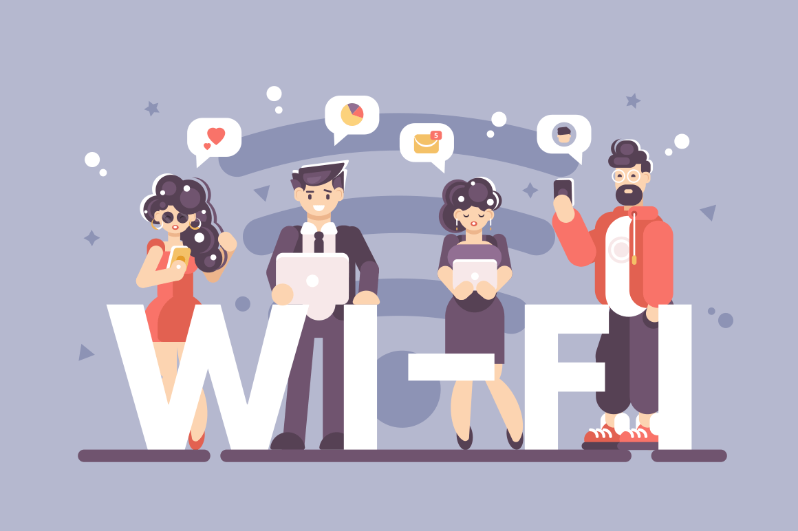 People using internet on modern gadgets poster. Men and women standing with smartphone laptop and tablet near big letters wi-fi vector illustration. Internet technologies concept
