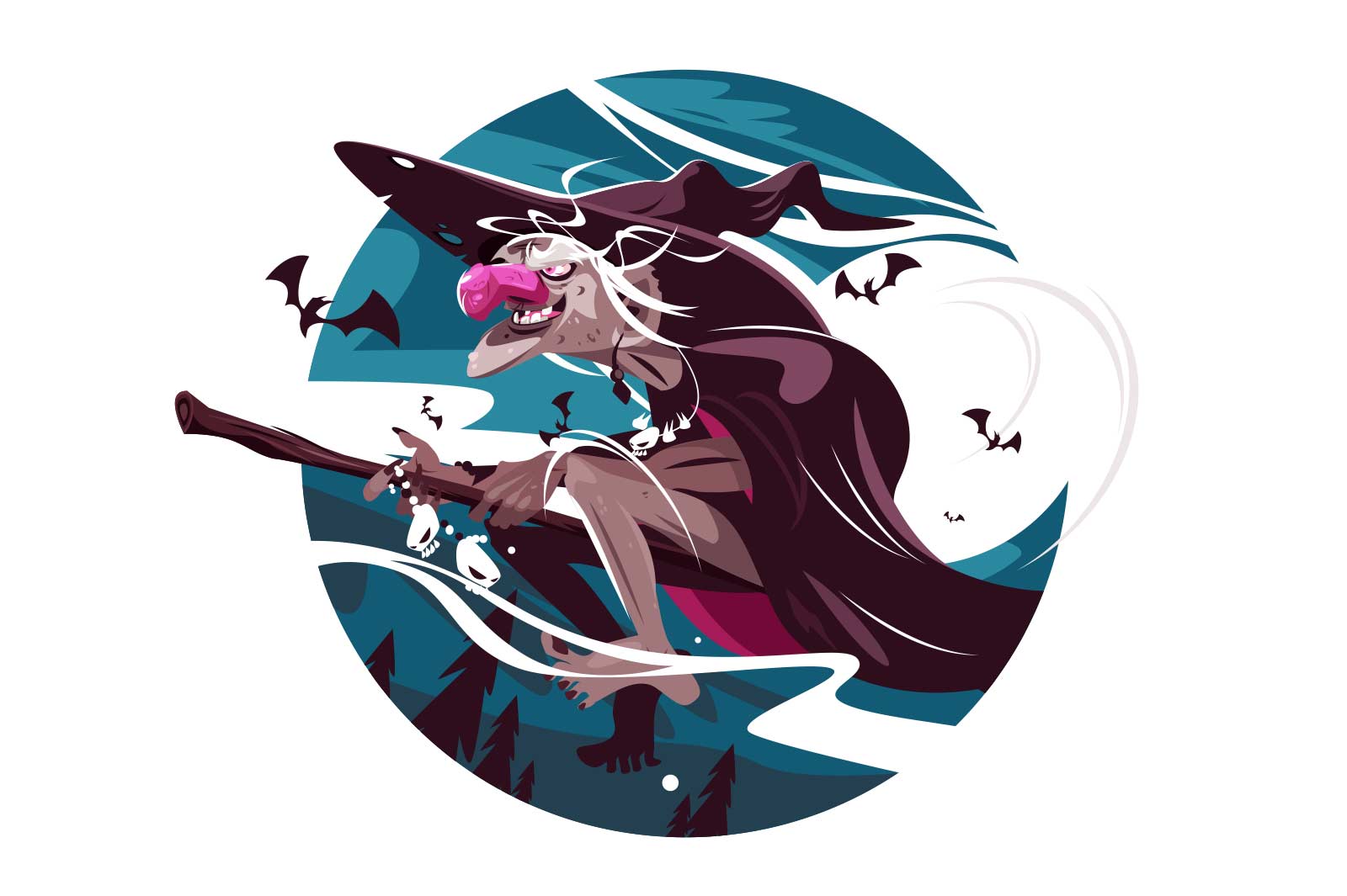 Scary old witch vector illustration. Witch flying on broomstick flat style. Moonlight and bats. Halloween and creepy character concept. Isolated on white background