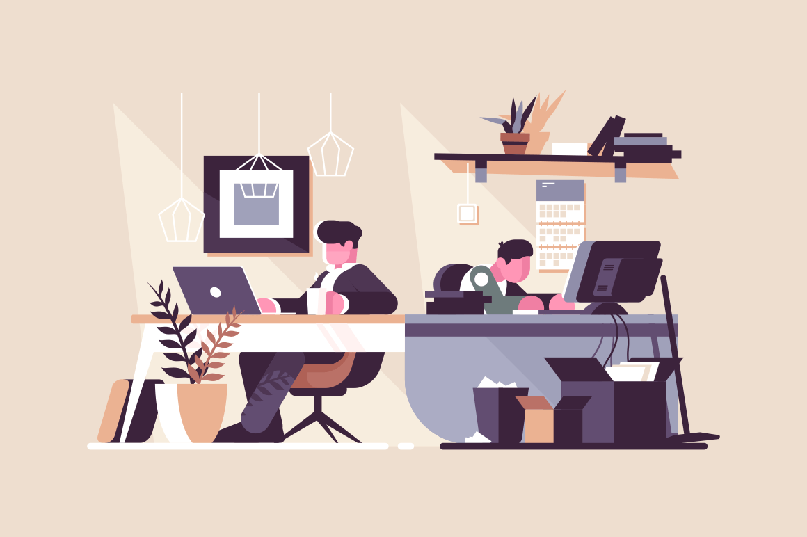 Creative office co-working center vector illustration. People working at the computers in the open space office flat style design. Work position interior. Modern workplace concept