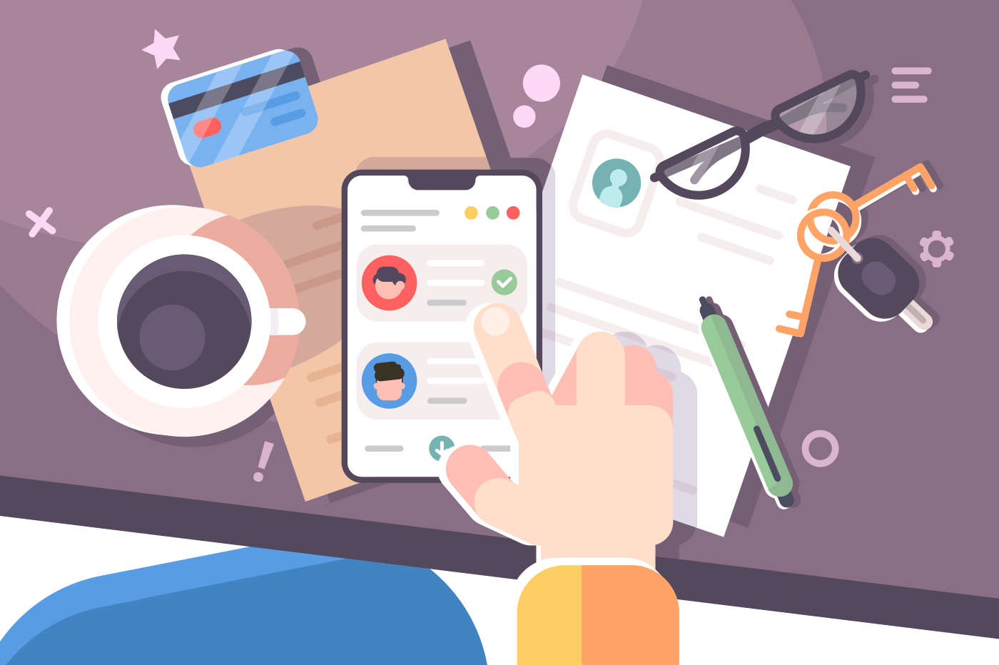 Human hand using smartphone workplace desktop background. Top view of table, folder, smartphone, coffee cup. Work space concept. Flat. Vector illustration.