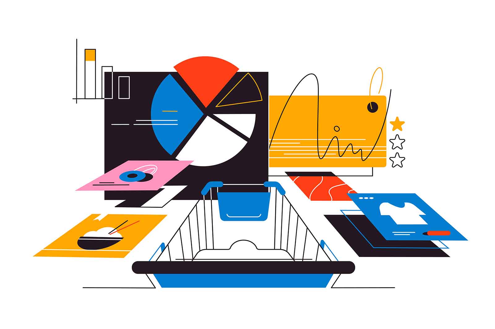 Shopping cart products and data analysis vector illustration. Retail market research concept.