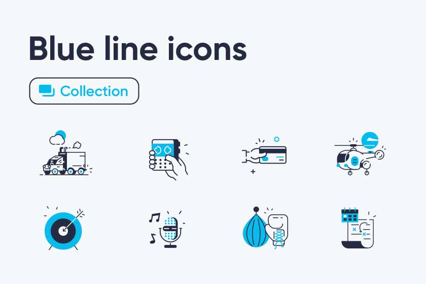 Blue line icons collection