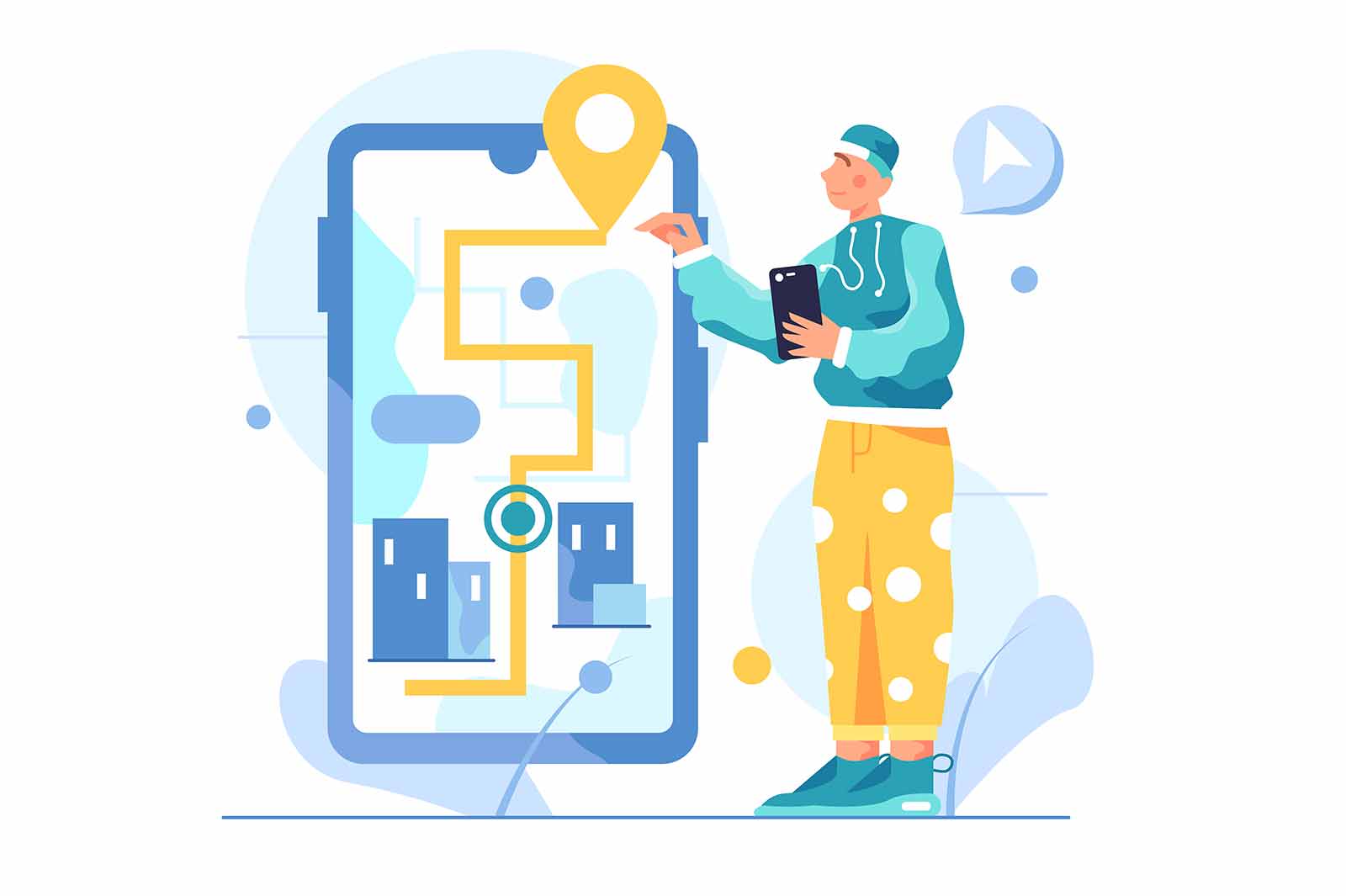 Guy moves navigating on a big virtual phone, path and pin, phone in hand isolated on white background flat vector illustration
