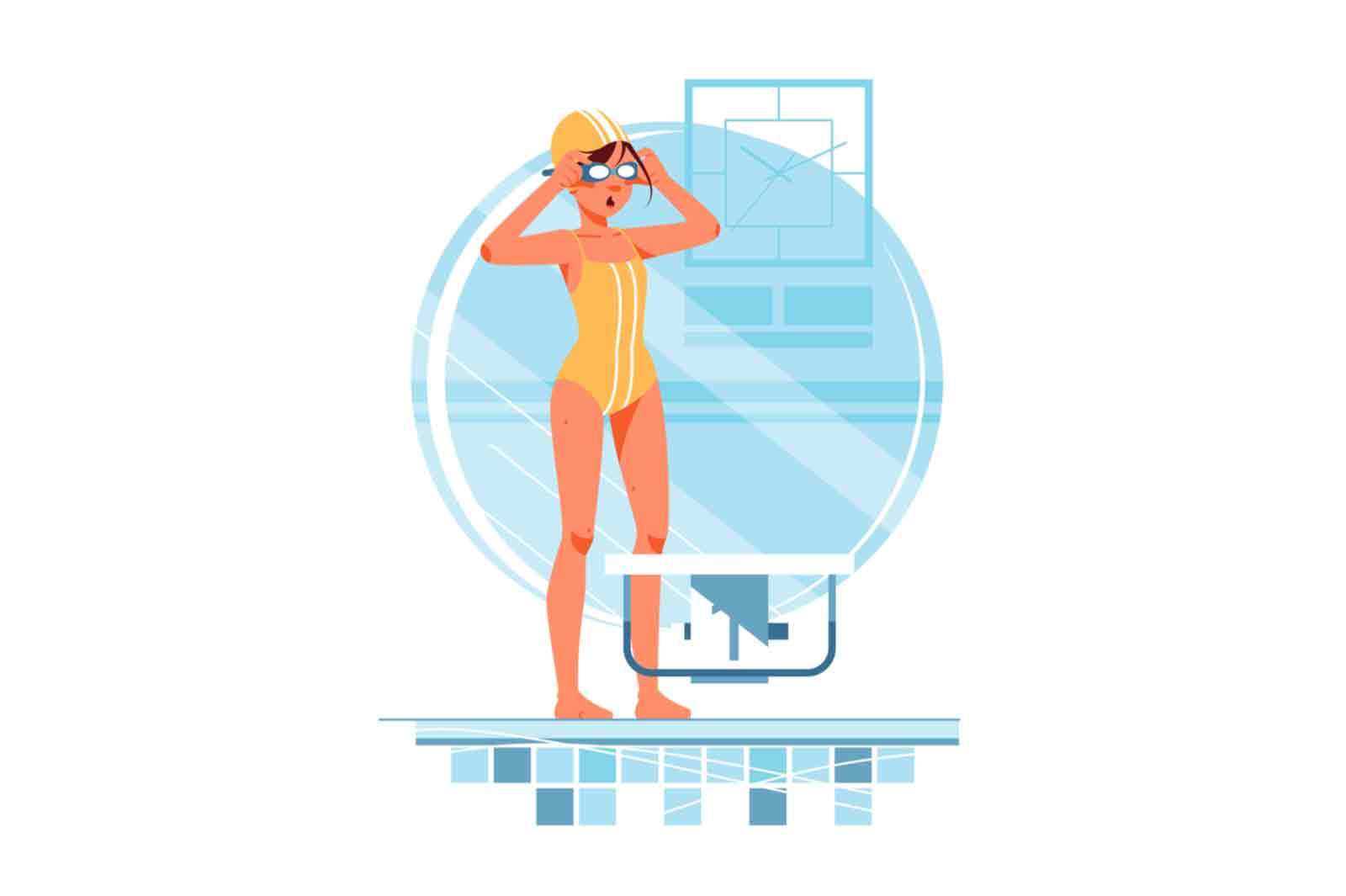 Happy girl swimmer adjusts swimming goggles for training vector illustration.