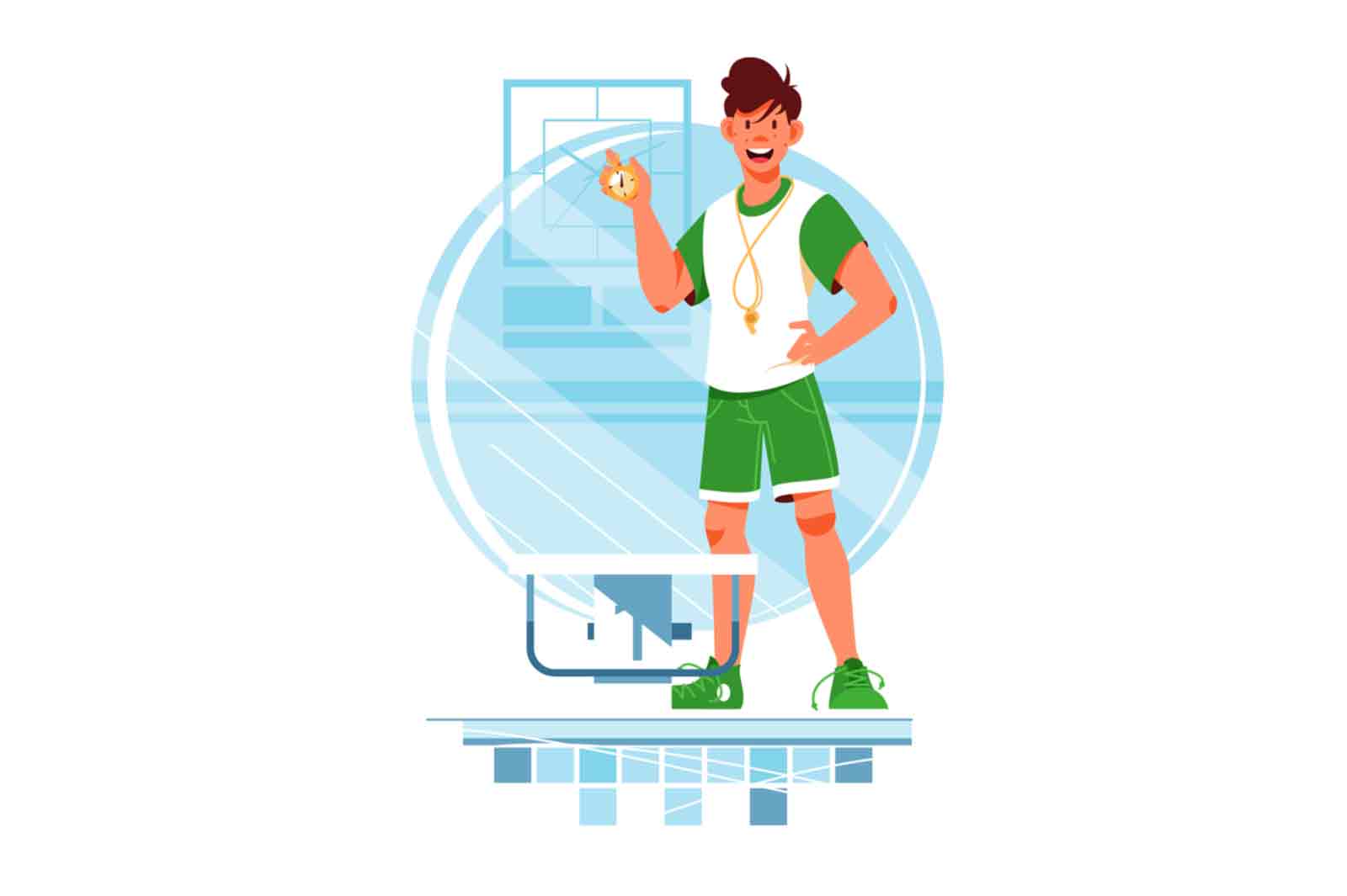 Happy man swimmer coach with stopwatch for training vector illustration.