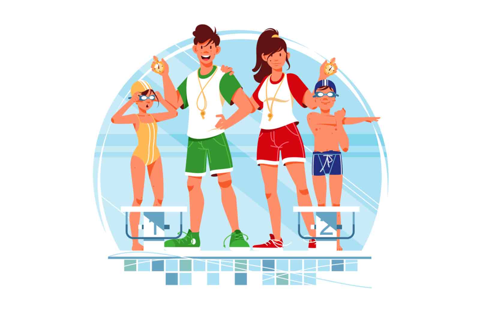 Coaches and swimmers vector illustration.