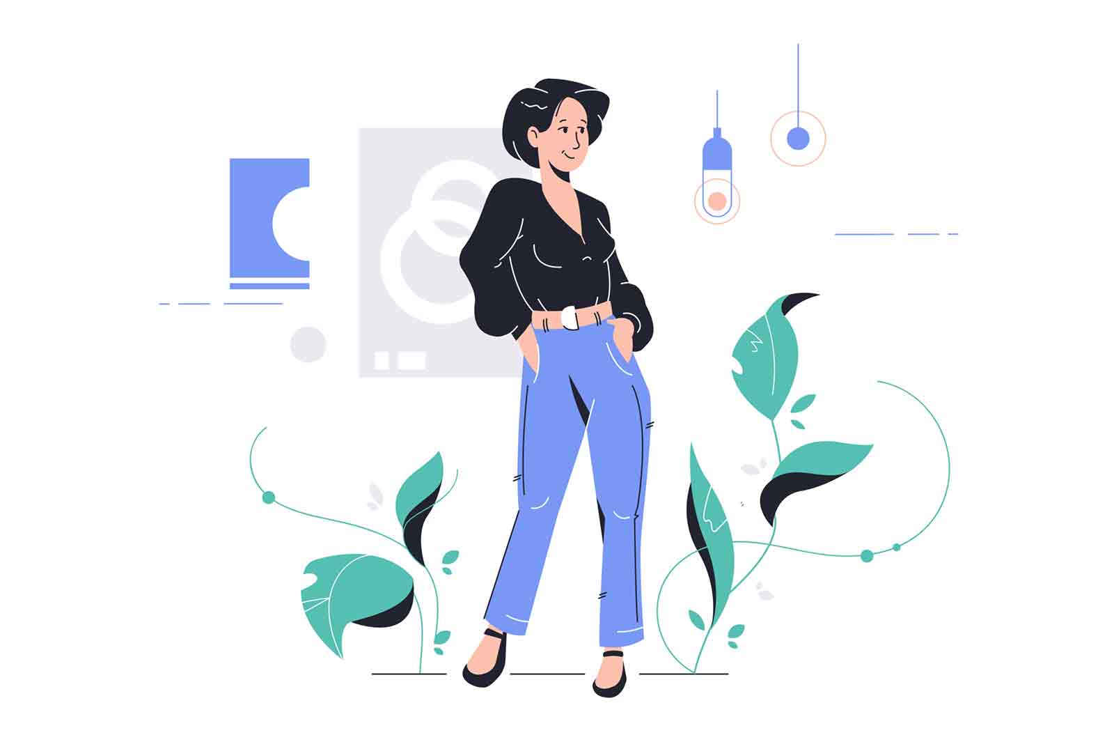 Smiling attractive young girl standing in modern room. Concept happy woman character with stylish clothes of jeans and black top posing in shop. Vector illustration.