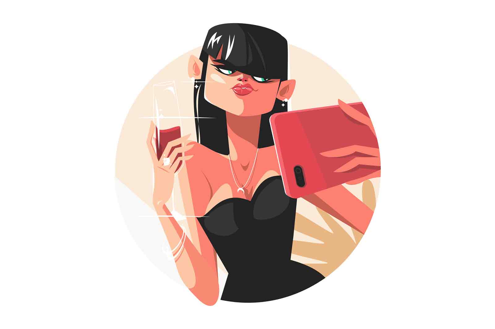 Stylish girl with smartphone vector illustration. Woman with glass of wine flat style. Selfie for social media. Technology and leisure concept. Isolated on white background