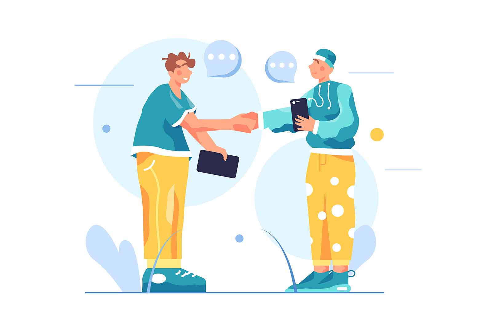 Two men shake hands and make a deal, man with phone in hand isolated on white background, flat vector illustration