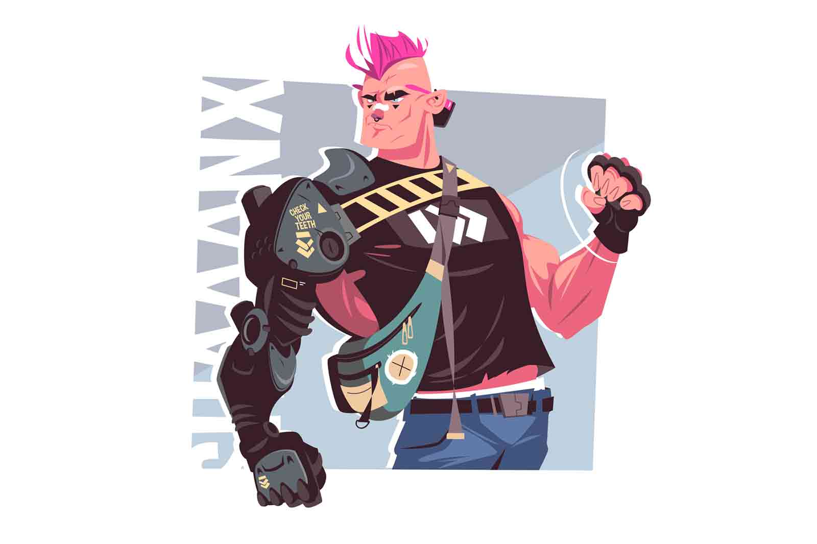 Aggressive-minded man in punk style vector illustration. Cool bright outfit, pink mohawk flat style. Popular punk subculture and hooligans lifestyle concept. Isolated on white background