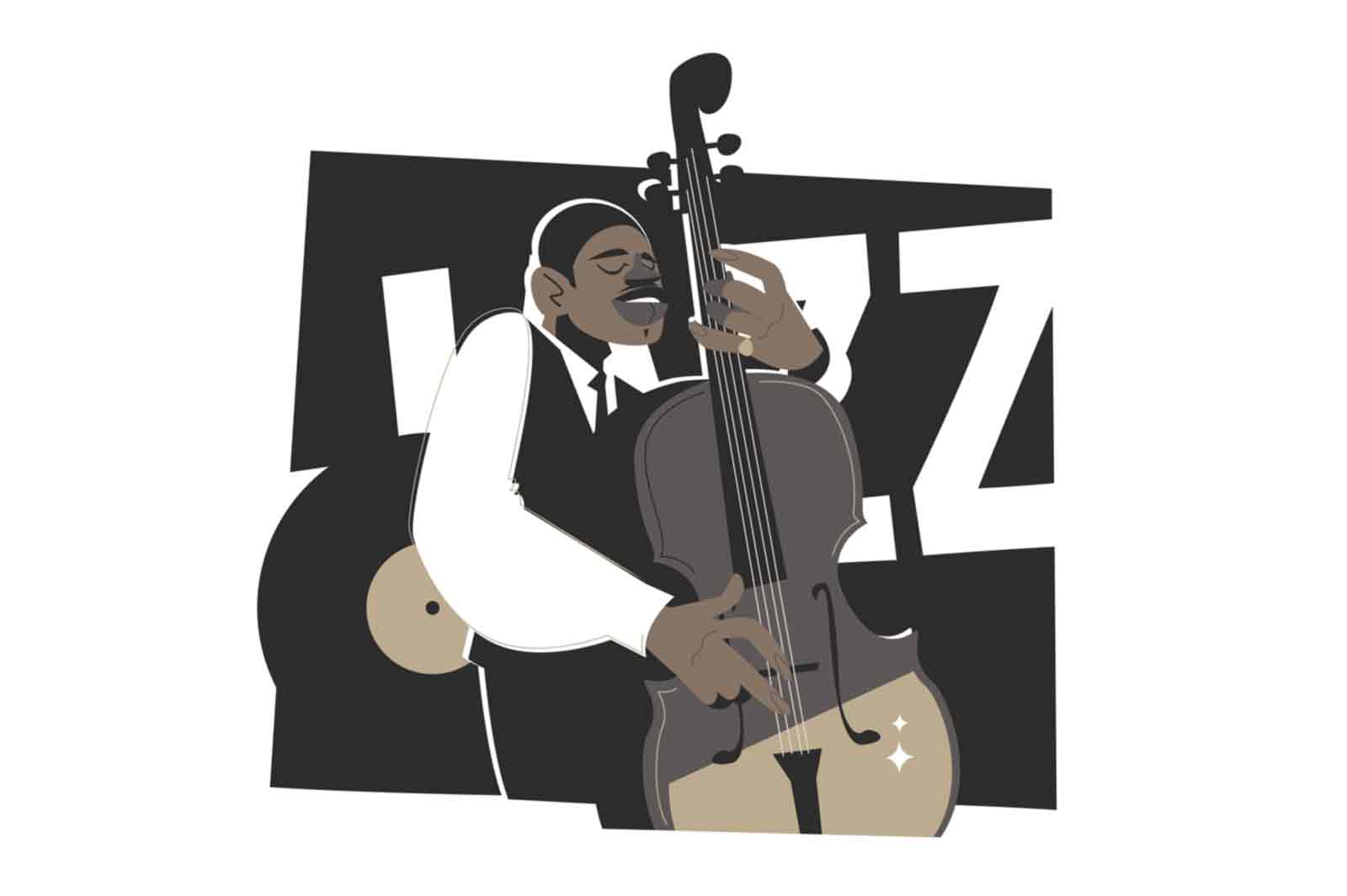 Male musician playing cello vector illustration. Afroamerican man performing solo on stage playing melody on cello flat style. Jazz and blues concept. Isolated on white background